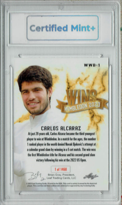 Certified Mint+ Carlos Alcaraz 2023 Leaf #WWB-1 1st Wimbledon Win Trading Card