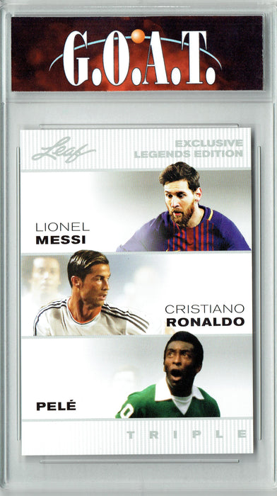 Certified Mint+ The TRIPLE! Lionel Messi Pele Cristiano Ronaldo 2022 Leaf Legends Edition #LM-CR-P GOATS Greatest Soccer Card Ever Trading Card