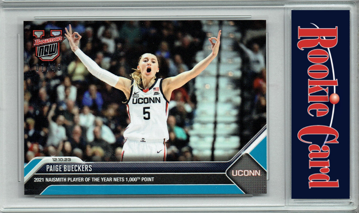 Certified Mint+ Paige Bueckers 2023 Bowman University Now #17 Blue SP #7/49 Made! Rookie Card Connecticut Huskies