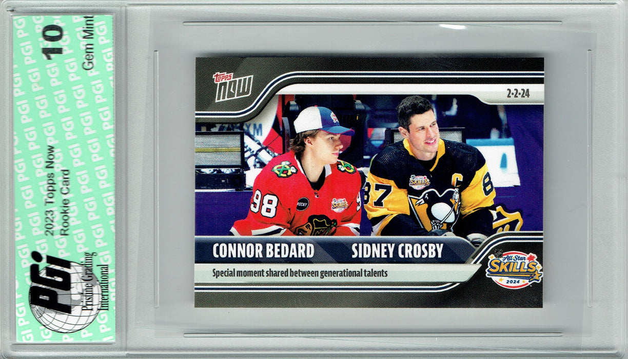 Connor Bedard 2024 Topps Now #107 w Sidney Crosby Rookie Card PGI 10 Sticker