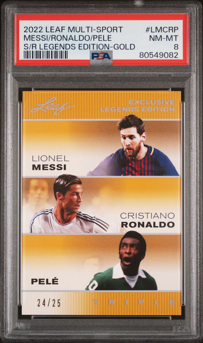 PSA 8 Pele Lionel Messi Cristiano Ronaldo 2022 Leaf #LMCRP The Triple Gold #/24/25 Rare Trading Card