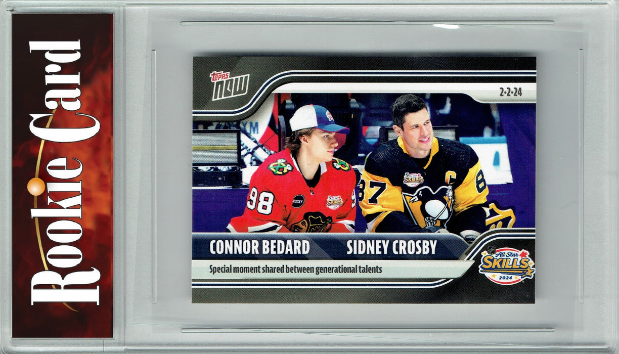 @ Certified Mint+ Connor Bedard 2024 Topps Now #107 w Sidney Crosby Rookie Card Sticker Back Chicago Blackhawks