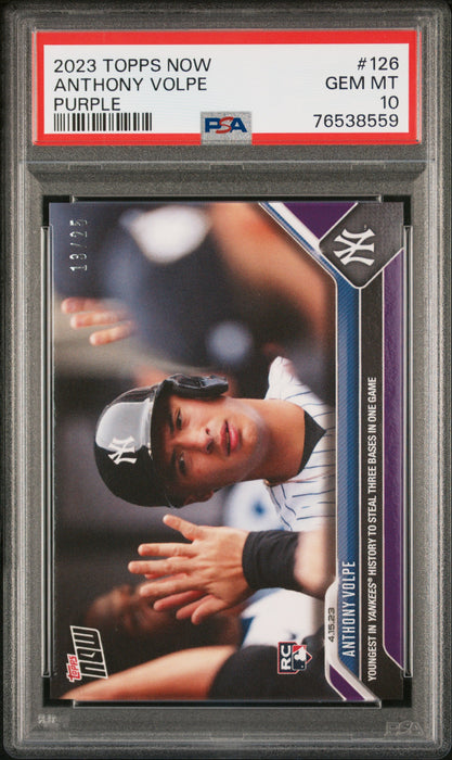 PSA 10 GEM-MT Anthony Volpe 2023 Topps Now #126 Rookie Card Purple #13/25