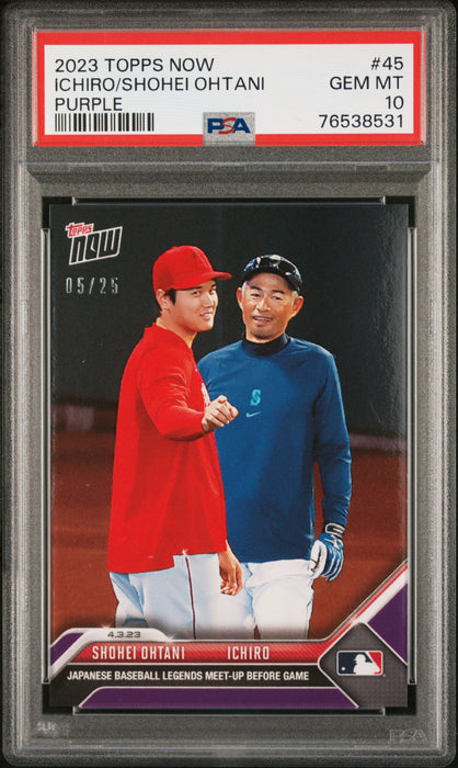 PSA 10 GEM-MT Ichiro/Shohei Ohtani 2023 Topps Now #45 Rare Trading Card Purple #5/25