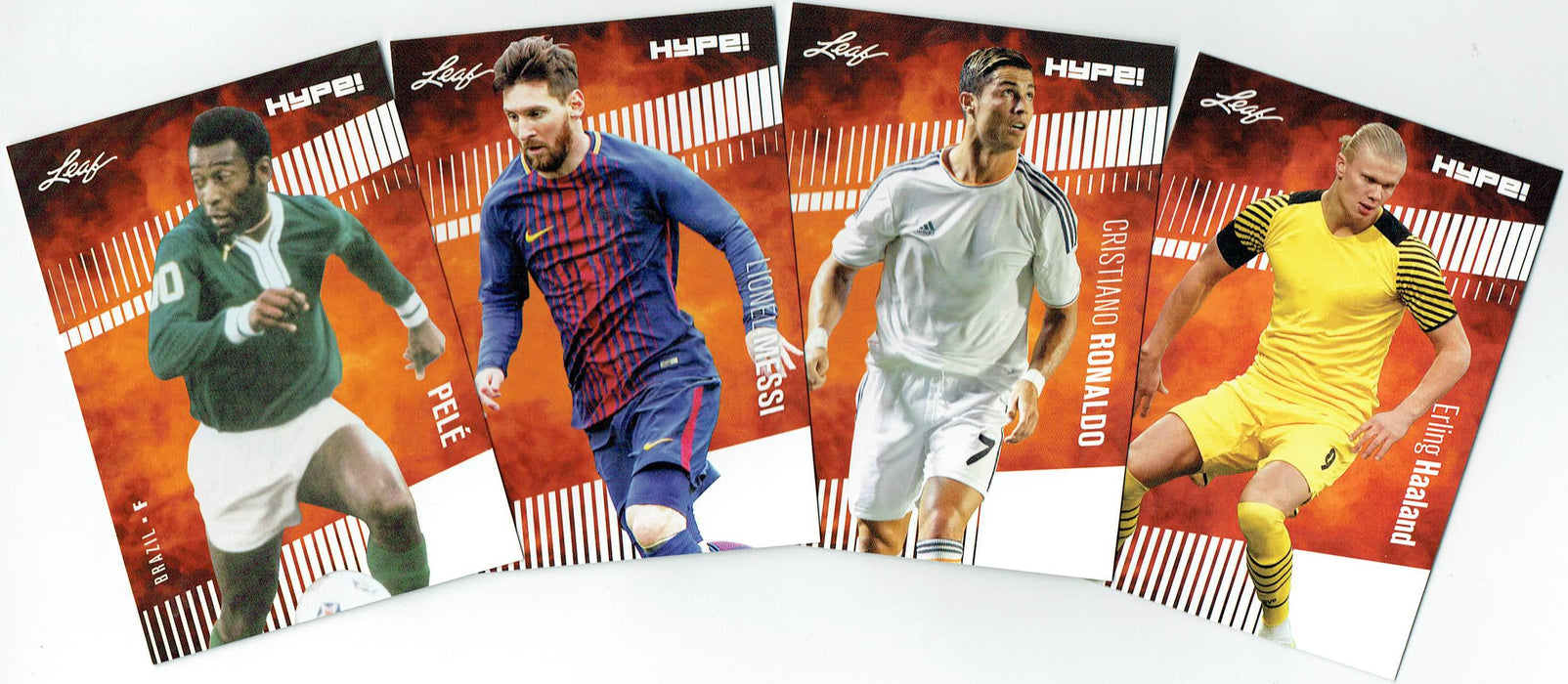 4) Mint Card Lot Pele Lionel Messi Cristiano Ronaldo Erling Haaland 2022 Leaf HYPE! #4 Only 5000 Made World Cup