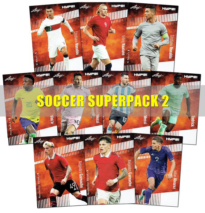 Soccer Superpack II - Best Selling Trading Cards - Erling Haaland, 2) Lionel Messi, Vini Jr., 2) Cristiano Ronaldo & More - 10 cards plus bonuses - All Certified Mint+