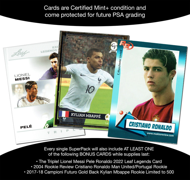 Soccer Superpack - Best Selling Trading Cards - Lionel Messi, Mbappe, Pele, Haaland, Cristiano Ronaldo & More - 8 cards plus bonuses - All Certified Mint+