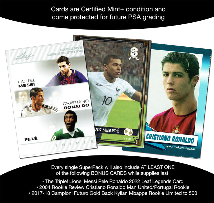 Soccer Superpack II - Best Selling Trading Cards - Erling Haaland, 2) Lionel Messi, Vini Jr., 2) Cristiano Ronaldo & More - 10 cards plus bonuses - All Certified Mint+