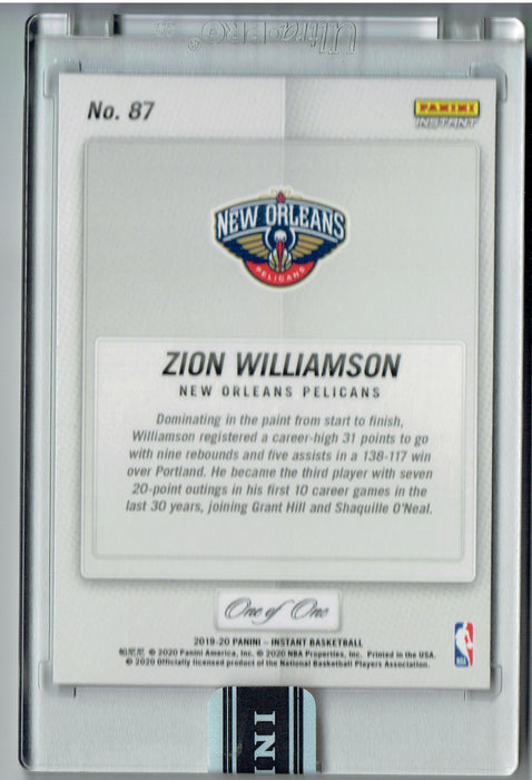 Zion Williamson 2019 Panini Instant Basketball Black SP True 1 of 1, 1/1 Panini Instant New Orleans Pelicans #87
