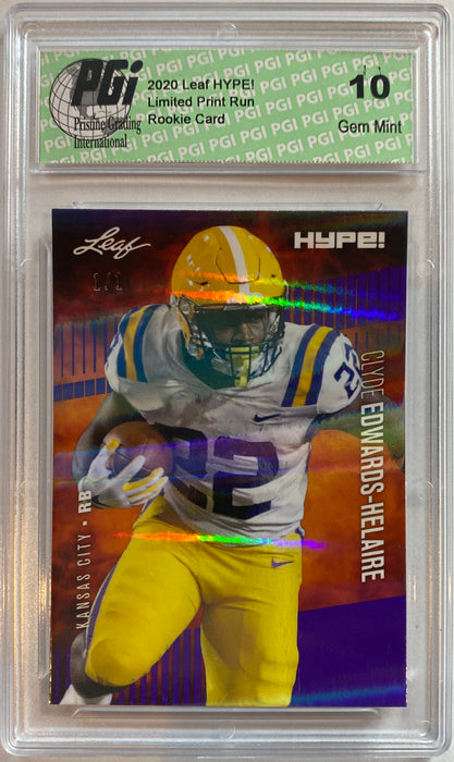 Clyde Edwards-Helaire 2020 Leaf HYPE! #36 Purple Shimmer, 1/1 Rookie Card PGI 10