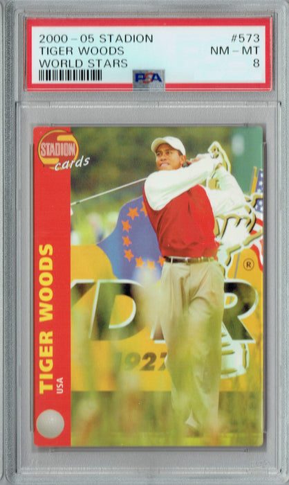PSA 8 NM-MT Tiger Woods 2000-05 Stadion #573 Rookie Card World Stars