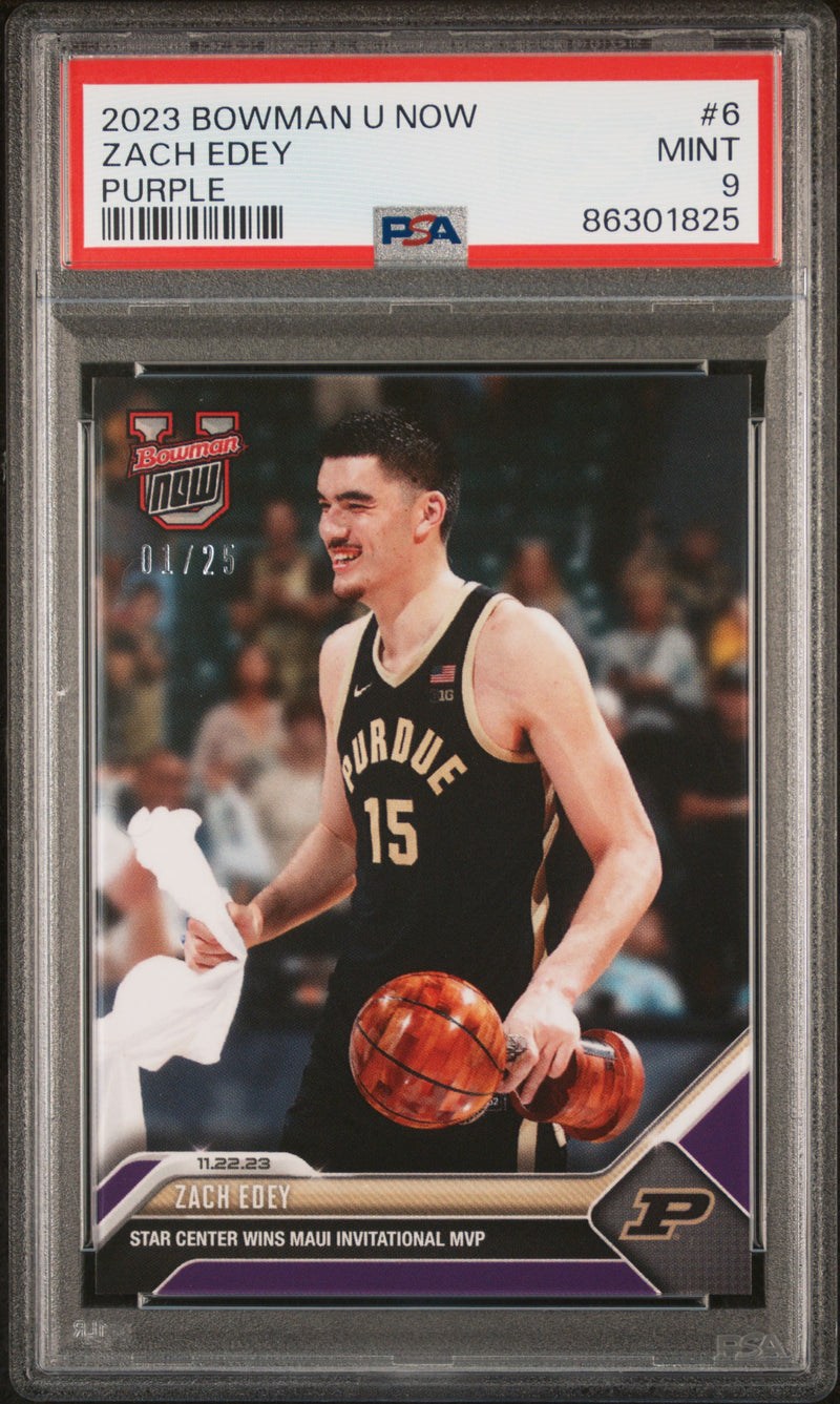 PSA 9 Zach Edey 2023 Bowman University Now #6 Purple SP #1 of 25 Rookie Card Purdue Boilermakers