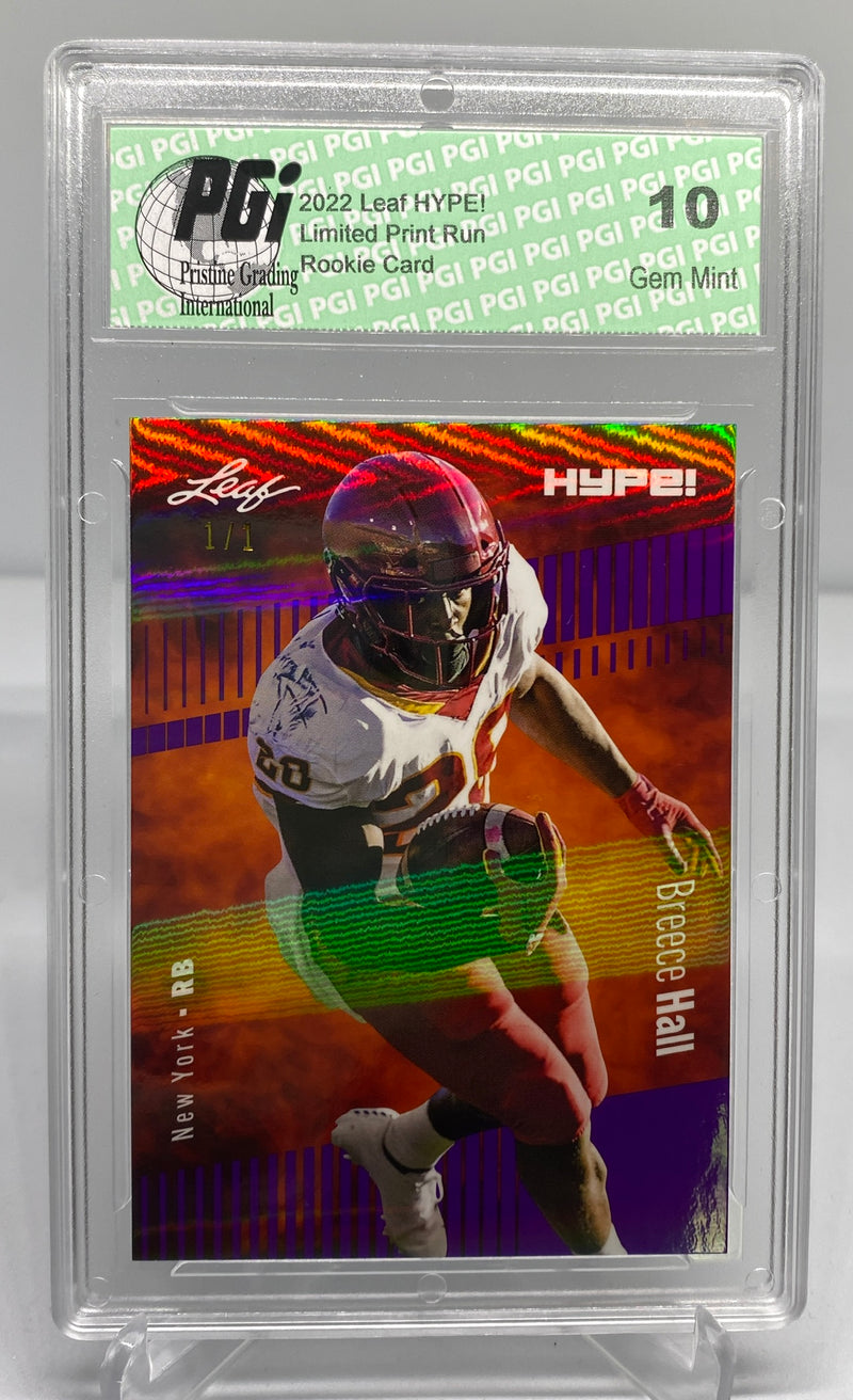 Breece Hall Rookie Card New York PGI 10 Gem Mint Football Trading Card 2022 Leaf HYPE! #90 Purple Shimmer 1 of 1