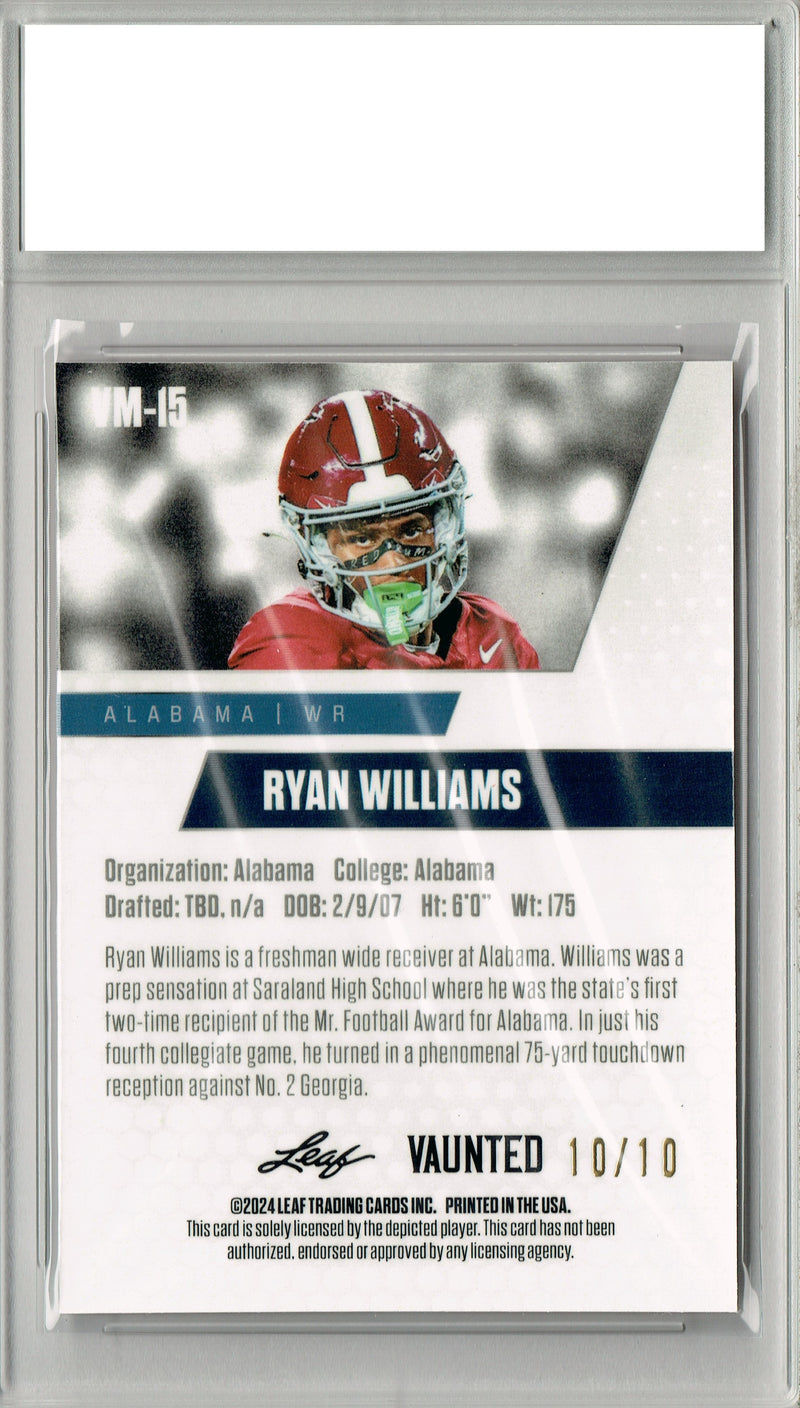 Ryan Williams Rookie Card Alabama PGI 10 Gem Mint Football Trading Card 2024 Leaf Vaunted Metal #VM-15 Pink 10 Made