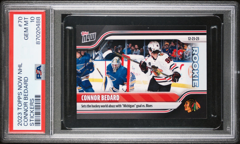 PSA 10 Connor Bedard 2023 Topps Now #70 Michigan Goal Rookie Card/Sticker ROY