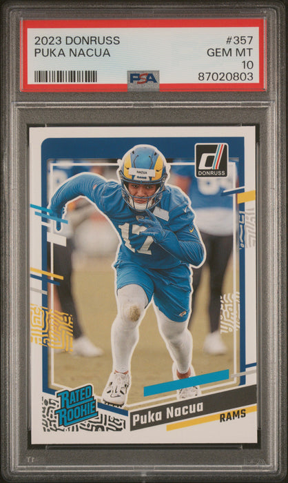 PSA 10 Puka Nacua 2023 Donruss Football #357 Los Angeles Rams Rookie Card