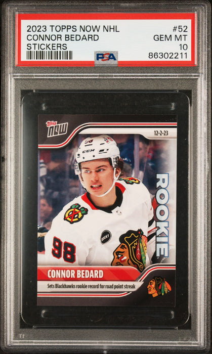 PSA 10 Connor Bedard 2023 Topps Now #52 Sets 'Hawks Record Rookie/Sticker Card
