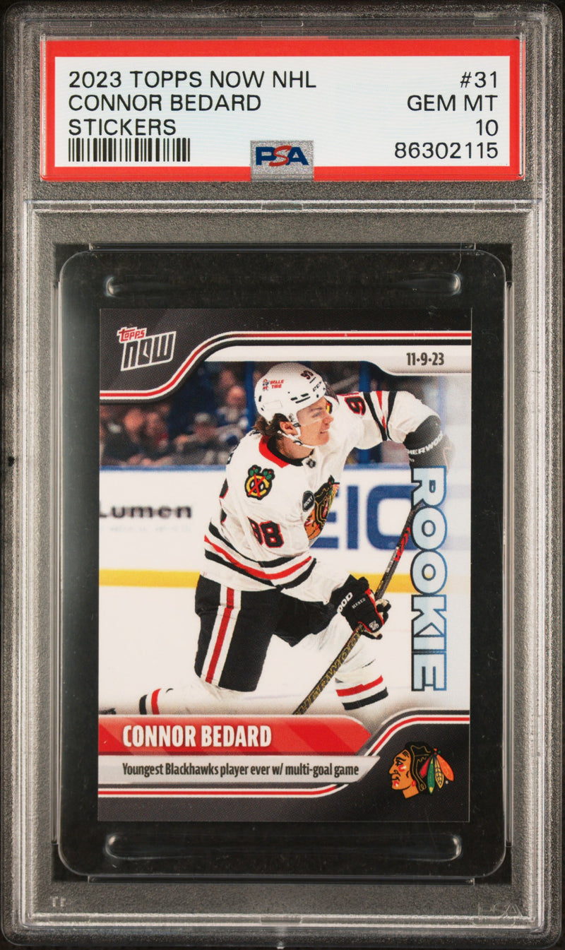 PSA 10 Connor Bedard 2023 Topps Now #31 Multi-Goal Game Rookie/Sticker Card Chicago Blackhawks