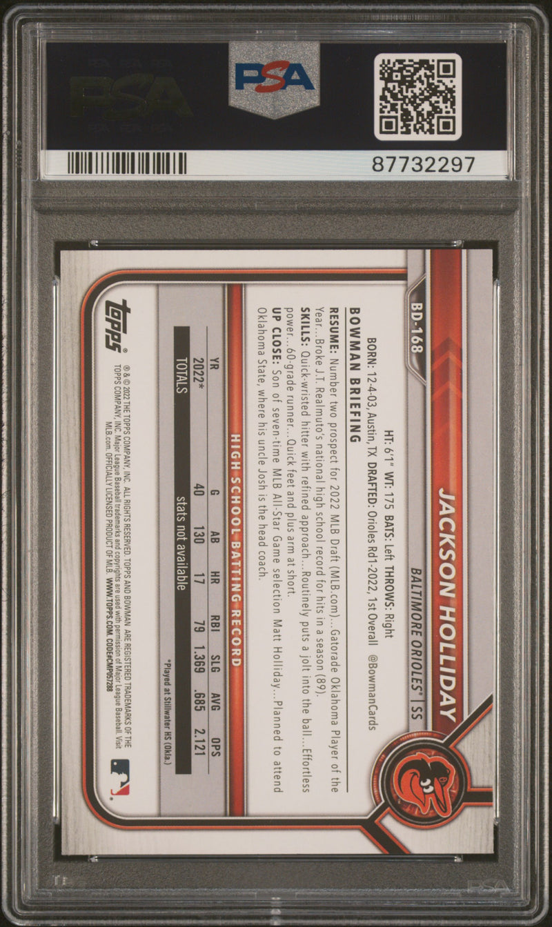 PSA 10 Jackson Holliday 2022 Bowman Draft #BD168 1st Rookie Card