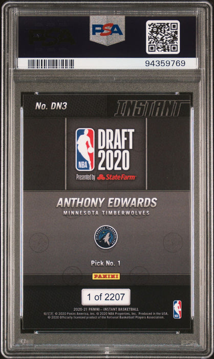 PSA 10 Anthony Edwards 2020 Panini Instant #DN3 Draft Night Rookie Card