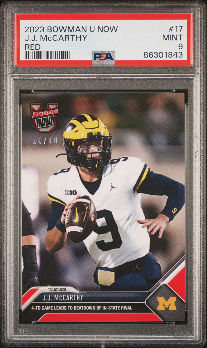 PSA 9 J.J. McCarthy 2023 Bowman University Now #17 Red SP #10/10 Rookie Card Minnesota Vikings
