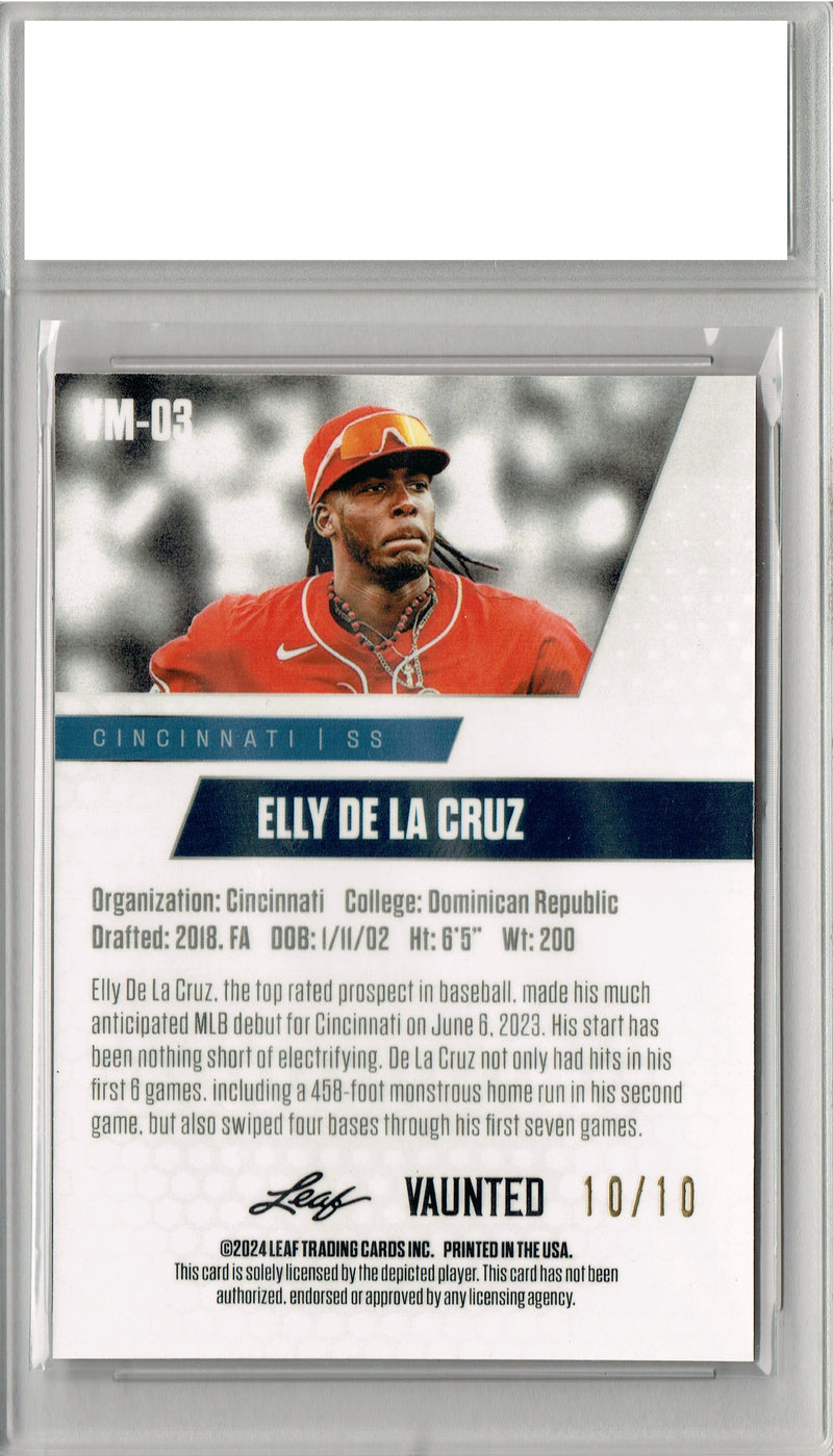 Certified Mint+ Elly De La Cruz 2024 Leaf Vaunted Metal #VM-03 Pink 10 Made Rookie Card Cincinnati Reds