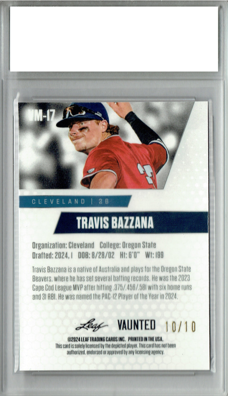 Certified Mint+ Travis Bazzana 2024 Leaf Vaunted Metal #VM-17 Pink 10 Made Rookie Card Cleveland Guardians