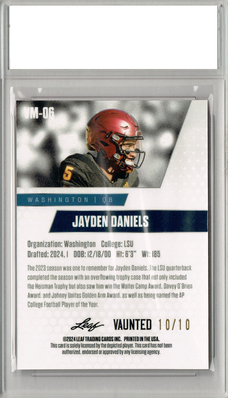 Certified Mint+ Jayden Daniels 2024 Leaf Vaunted Metal #VM-06 Pink 10 Made Rookie Card Washington Commanders