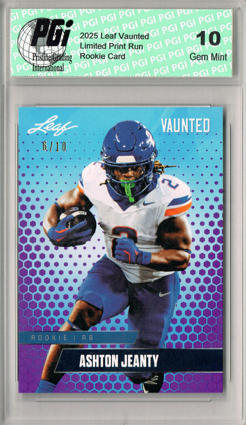 Ashton Jeanty Rookie Card Boise St / Las Vegas PGI 10 Football Trading Card 2025 Leaf Vaunted #V-02 Purple 10 Made