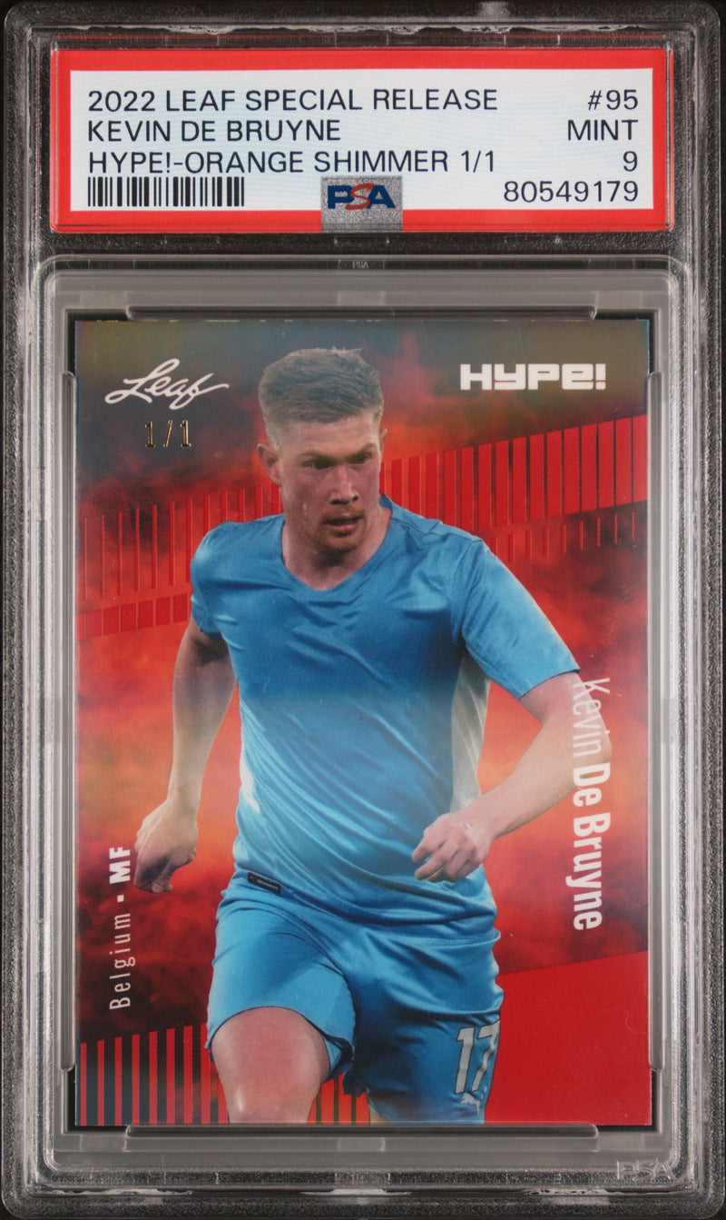 PSA 9 Kevin De Bruyne 2022 Leaf Hype! #95 Orange Shimmer 1/1 Rare Trading Card