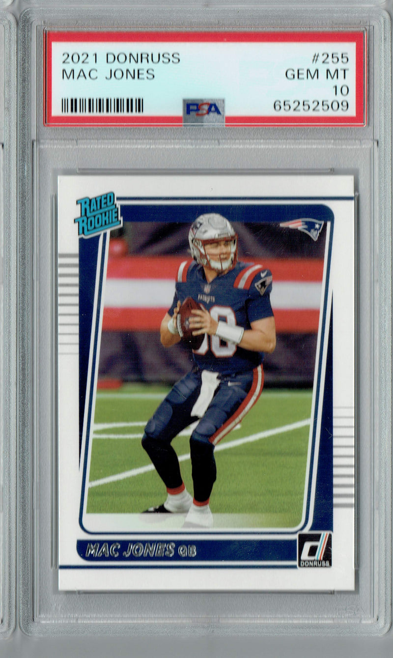 PSA 10 GEM-MT Mac Jones 2021 Donruss #255 Rookie Card Patriots