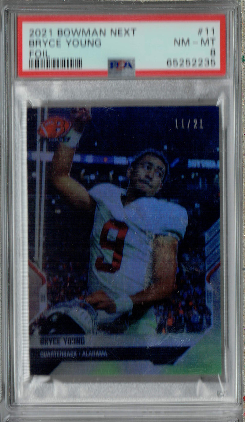PSA 8  Bryce Young 2021 Bowman Next #8 Alabama #11/21 Made NIL Rookie Card FOIL