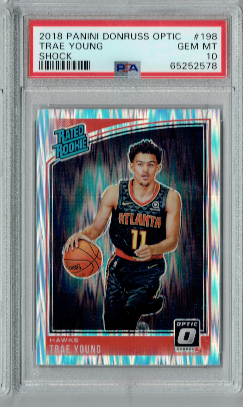 PSA 10 GEM-MT Trae Young 2018 Panini Donruss Optic #198 Rookie Card Shock SP