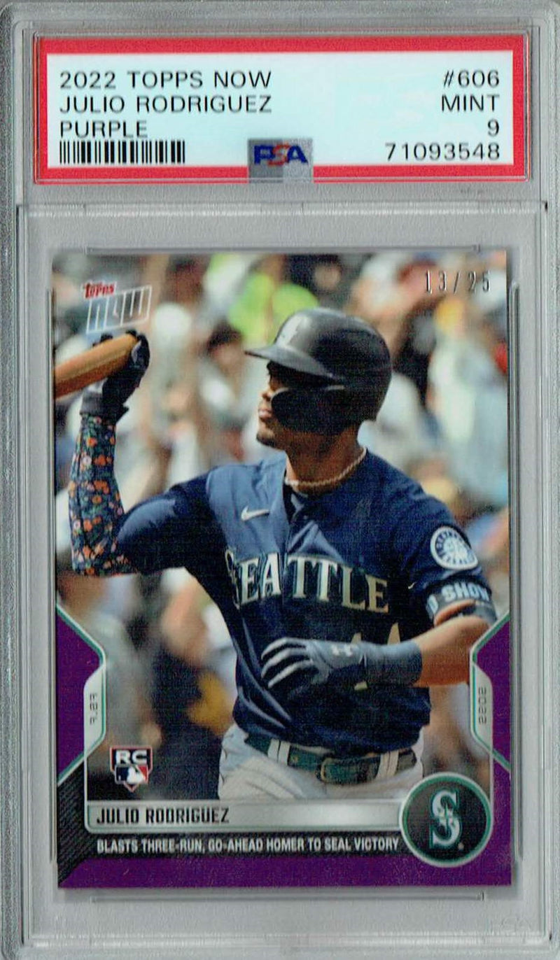 PSA 9 MINT Julio Rodriguez 2022 Topps Now #606 Rookie Card Purple #13/25