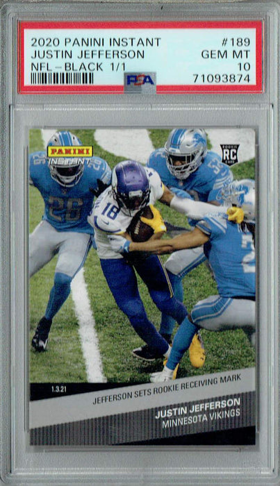 PSA 10 GEM-MT Justin Jefferson 2020 Panini Instant #189 Rookie Card Black Masterpiece 1/1