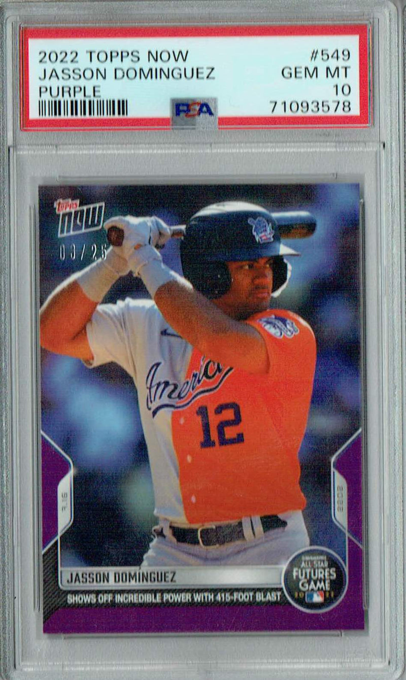 PSA 10 GEM-MT Jasson Dominguez 2022 Topps Now #549 Rookie Card Purple SP #3/25
