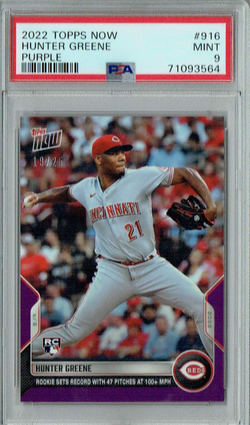 PSA 9 MINT Hunter Greene 2022 Topps Now #916 Rookie Card Purple #19/25