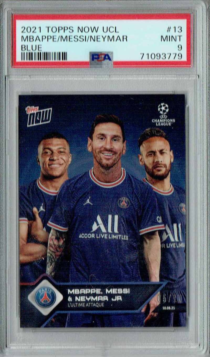 PSA 9 Mbappe/Lionel Messi/Neymar 2021 Topps Now UCL #13 Blue SP #5/10 Card