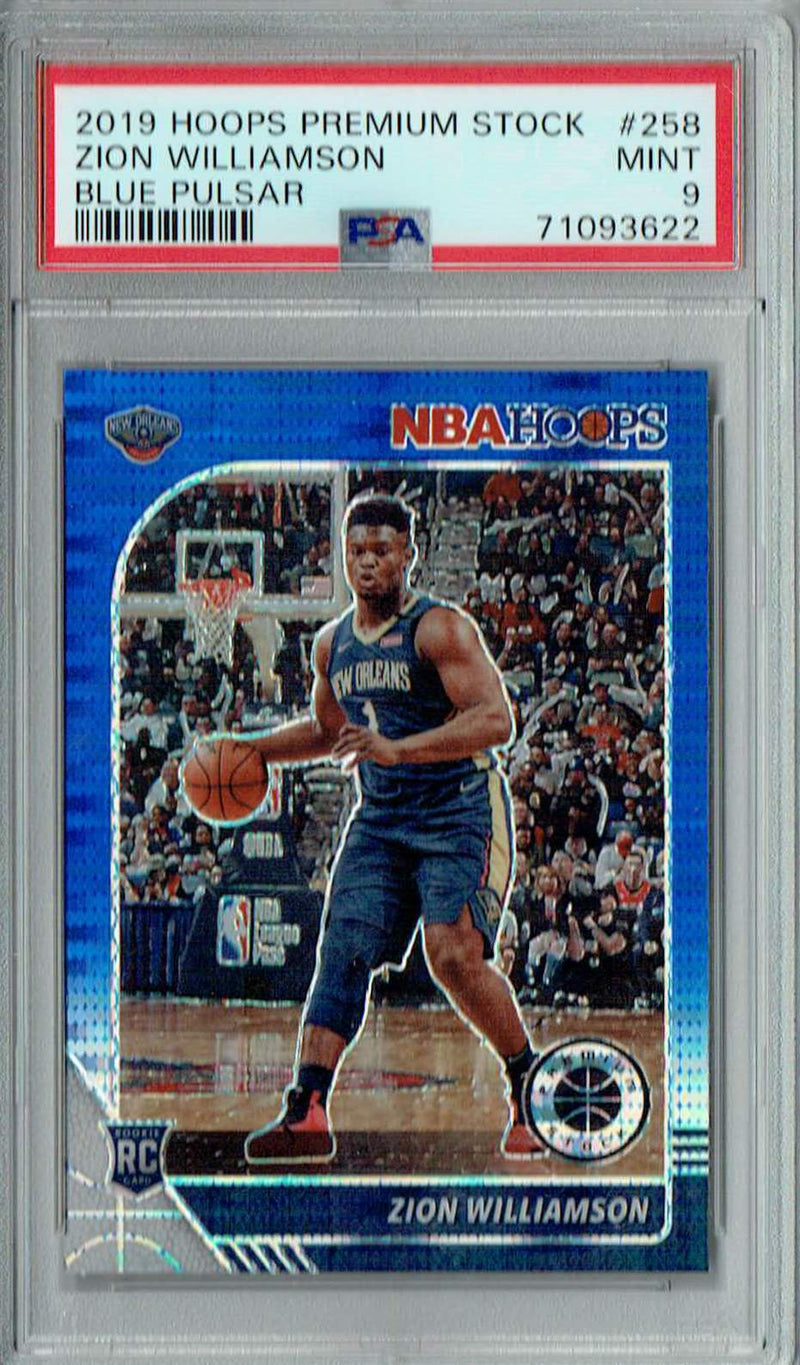 PSA 9 Zion Williamson 2019 Hoops Premium Stock #258 Rookie Card Blue Pulsar