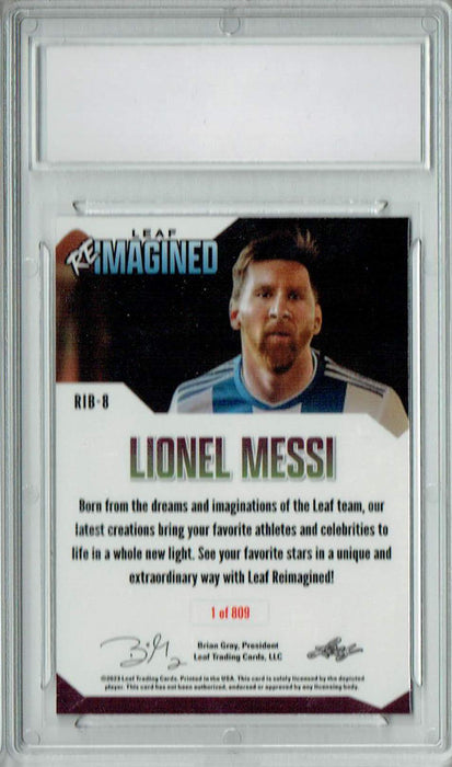 Lionel Messi 2023 Leaf Reimagined #RIB-8 Trophy Room 1 of 809 SP Card PGI 10
