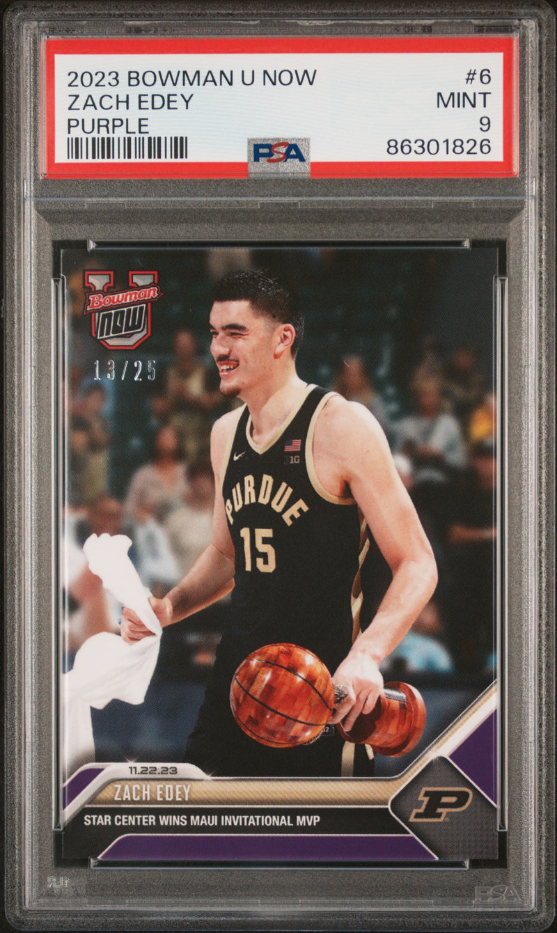 PSA 9 Zach Edey 2023 Bowman University Now #6 Purple SP #13 of 25 Rookie Card Purdue Boilermakers