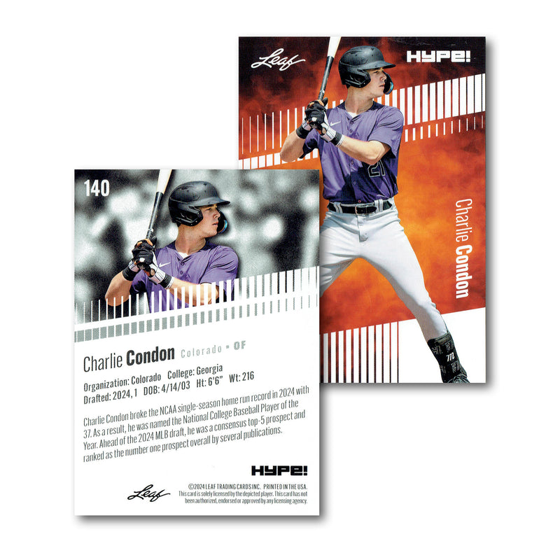 Mint Charlie Condon 2024 Leaf Hype #R-140 Limited Edition Rookie Card Georgia