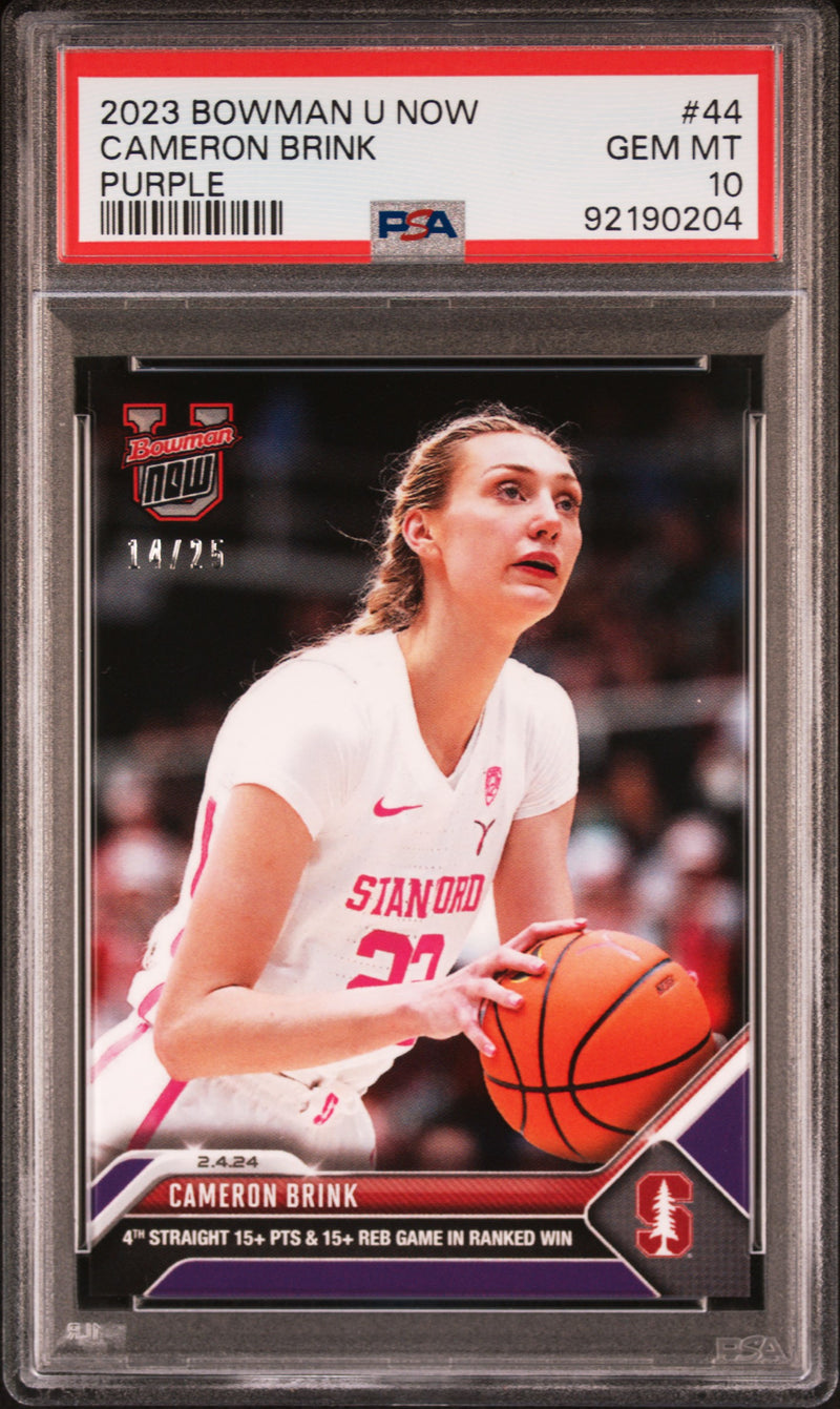 PSA 10 Cameron Brink 2023 Bowman University Now #44 Ranked Win Purple SP #14/25 Rookie Card Los Angeles Sparks