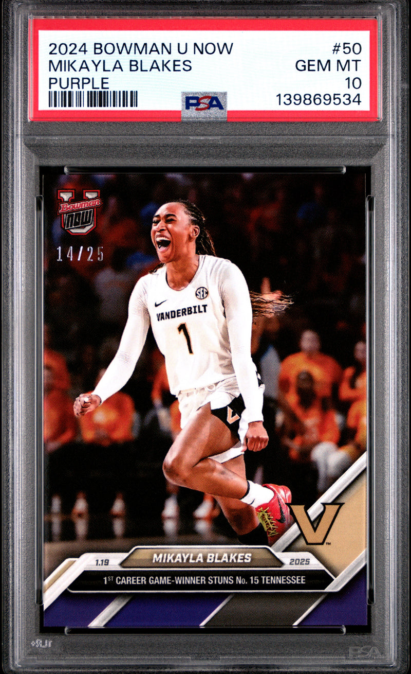 PSA 10 Mikayla Blakes 2024 Bowman University Now #50 Purple #14/25 Rookie Card Vanderbilt