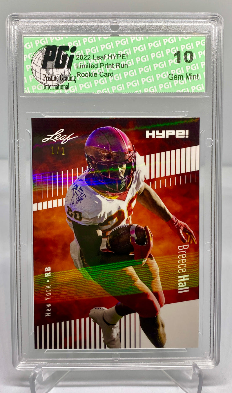 Breece Hall Rookie Card New York PGI 10 Gem Mint Football Trading Card 2022 Leaf HYPE! #90 White Shimmer 1 of 1