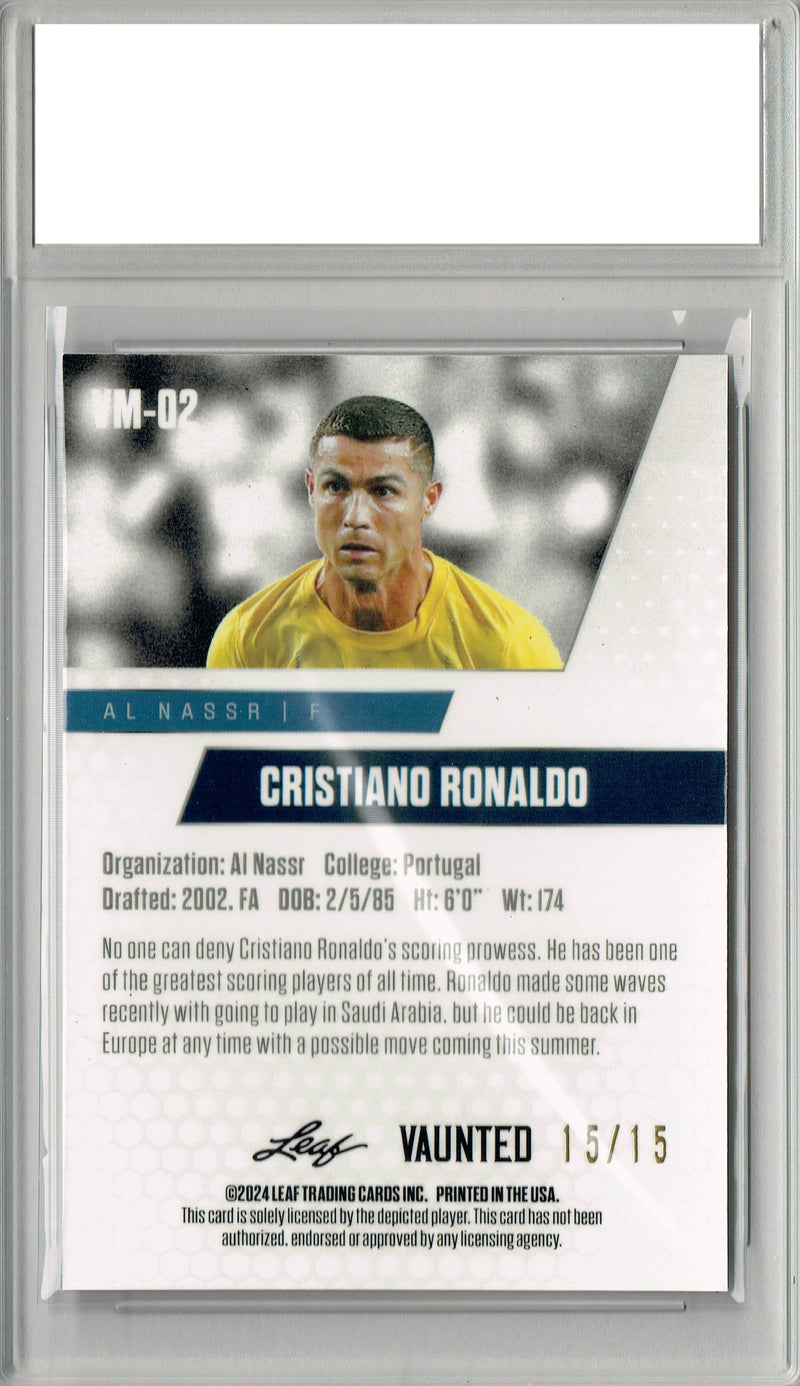 Cristiano Ronaldo 2024 Leaf Vaunted Metal #VM-02 Purple 15 Made Rare Trading Card PGI 10