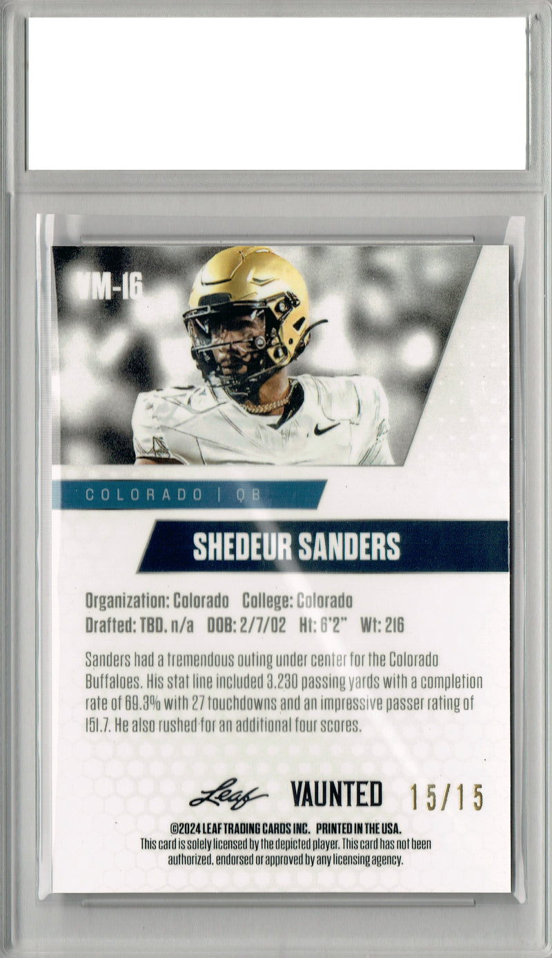 Shedeur Sanders 2024 Leaf Vaunted Metal #VM-16 Purple 15 Made Rookie Card PGI 10