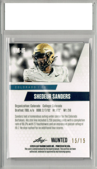 Shedeur Sanders 2024 Leaf Vaunted Metal #VM-16 Purple 15 Made Rookie Card PGI 10