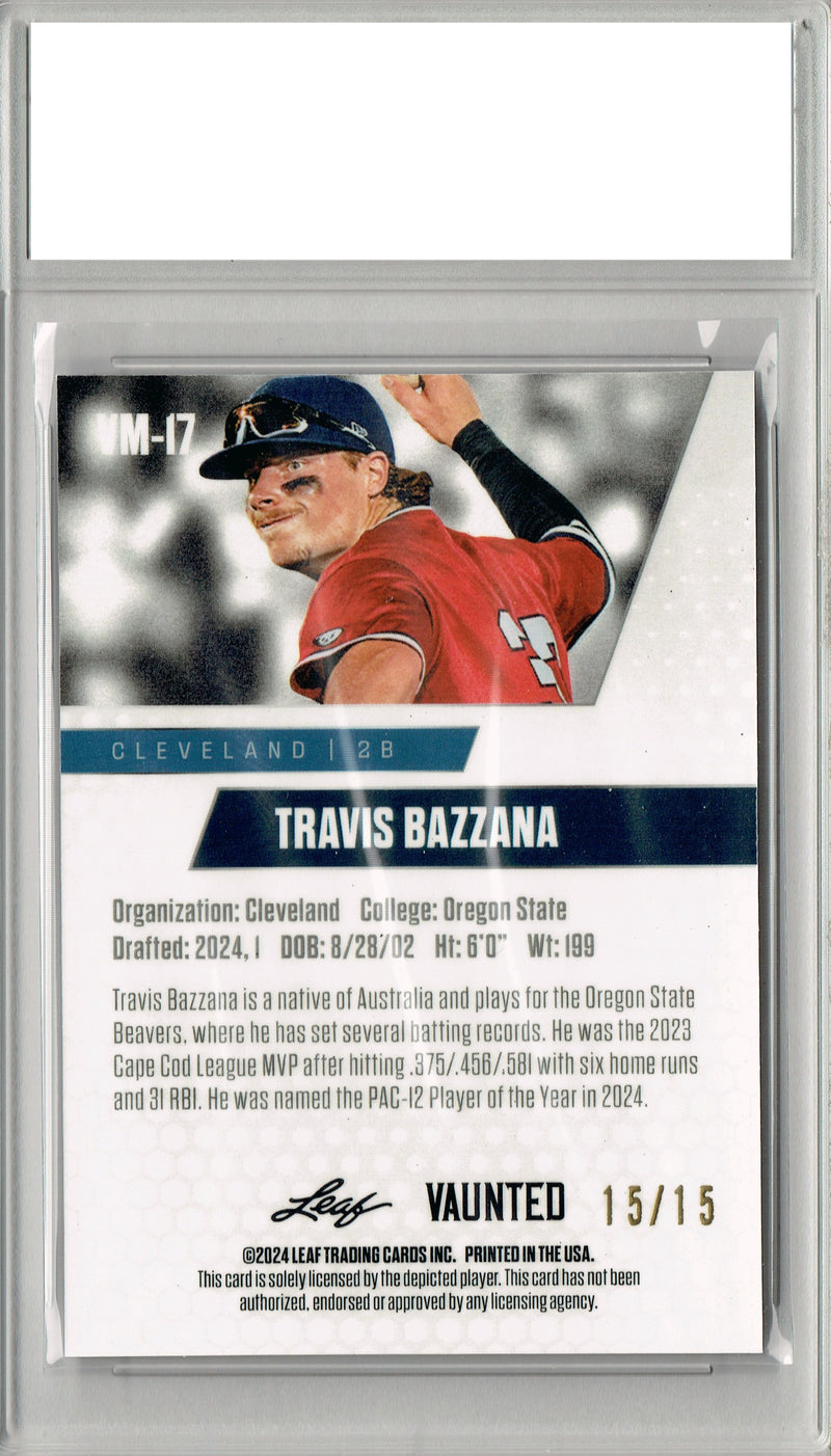 Travis Bazzana 2024 Leaf Vaunted Metal #VM-17 Purple 15 Made Rookie Card PGI 10