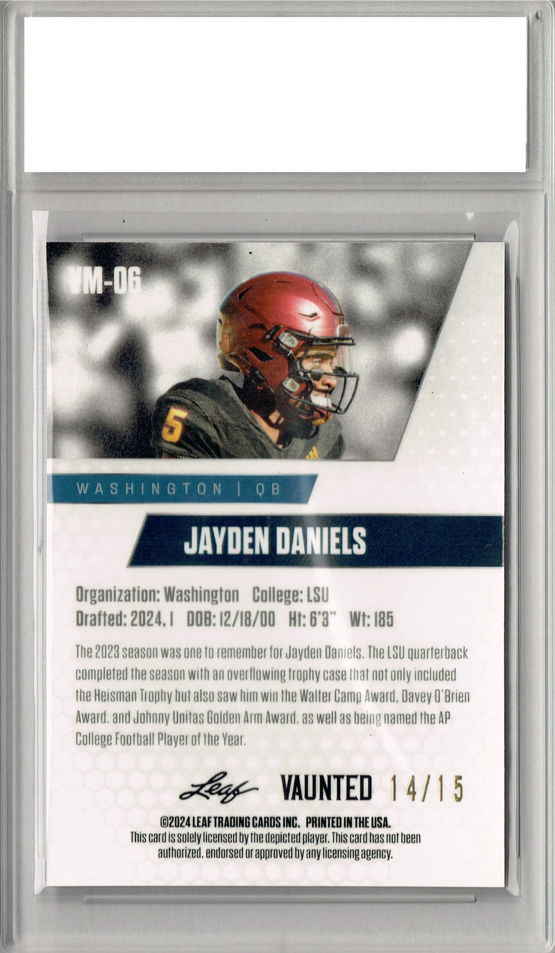 Jayden Daniels Rookie Card Washington PGI 10 Gem Mint Football Trading Card 2024 Leaf Vaunted Metal #VM-06 Purple 15 Made